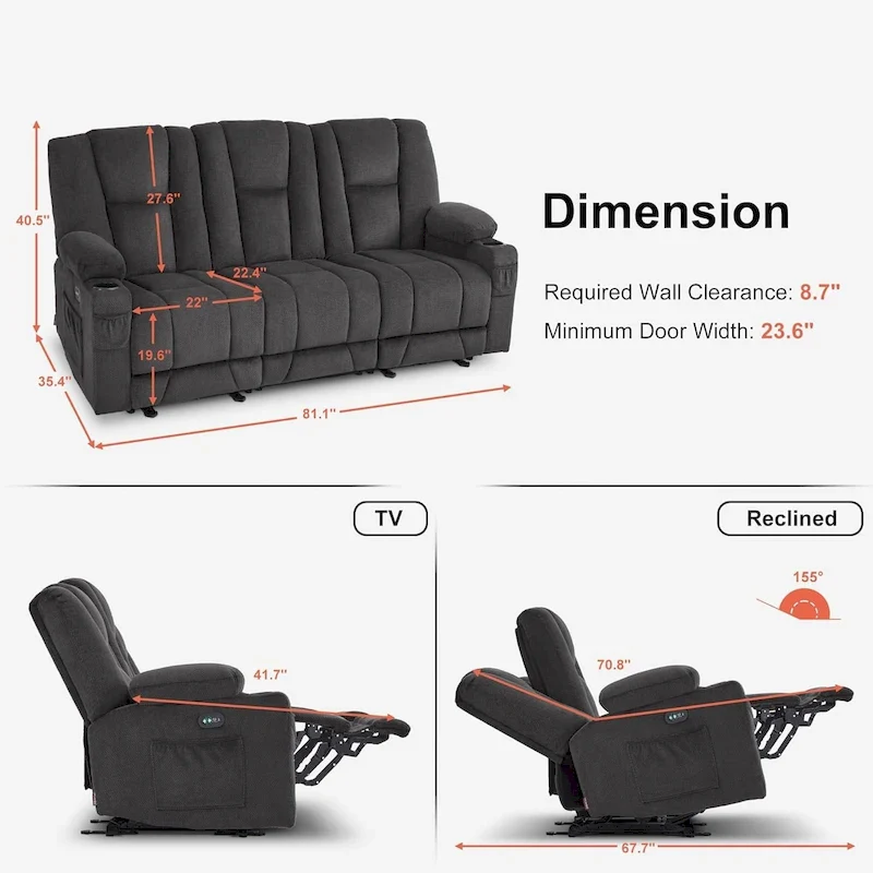 Electric Power Reclining Sofa with Massage and Lumbar Heat, Fabric