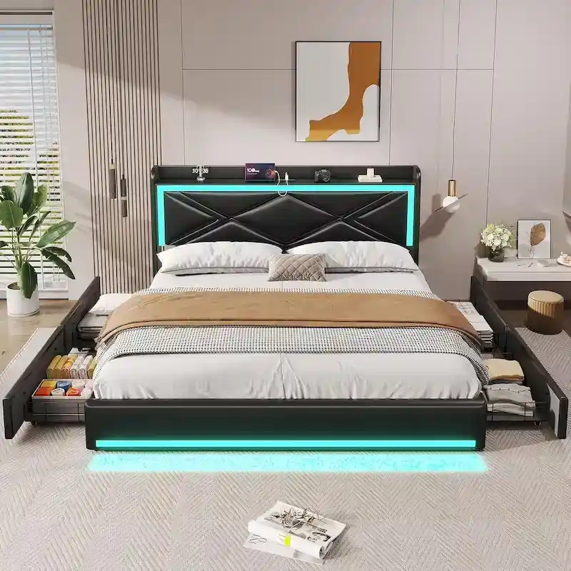 Bed Frame LED Lights Headboard & USB-C/A Charging Station 4 Drawers