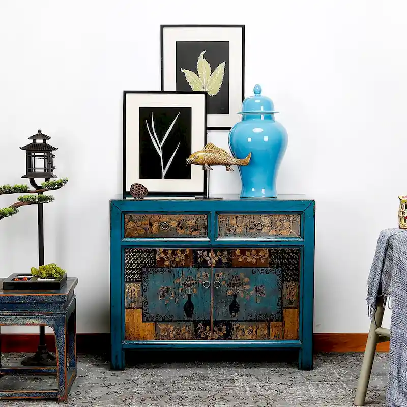 Antique Indigo Floral Accent Cabinet with 2 Drawers — Handcrafted Solid Pine Wood
