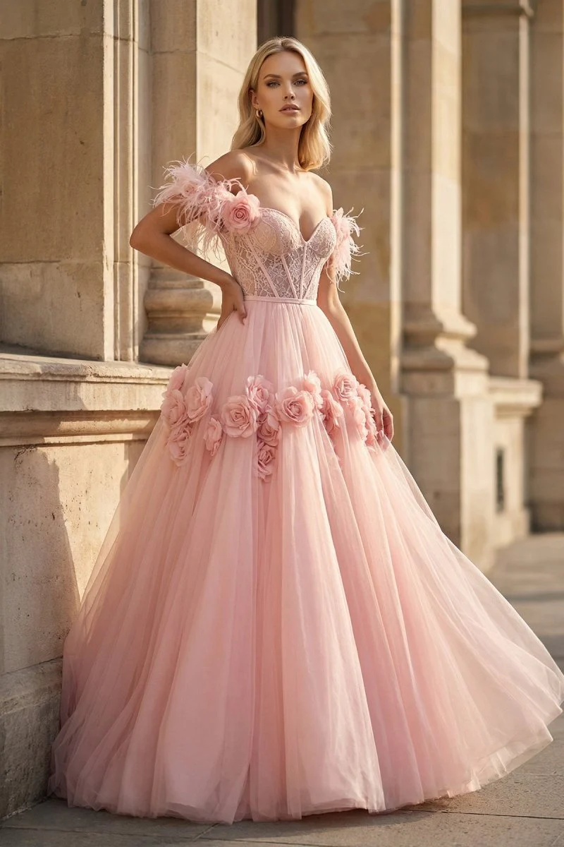 PRINCESS A-LINE OFF THE SHOULDER LACE TULLE PROM DRESS