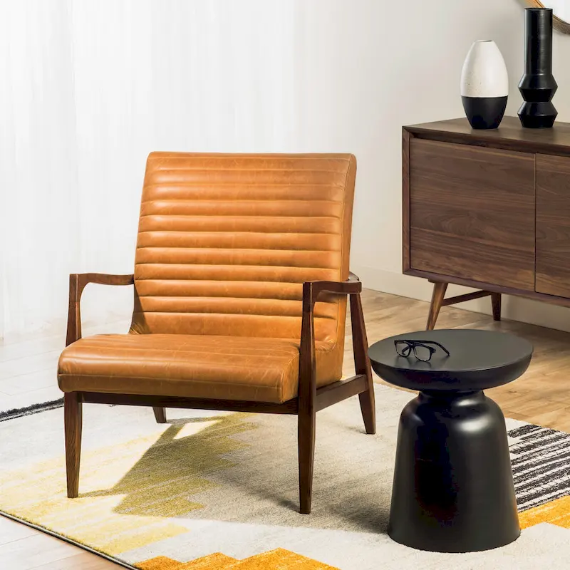 Walnut Ribbed Leather Lounge Chair