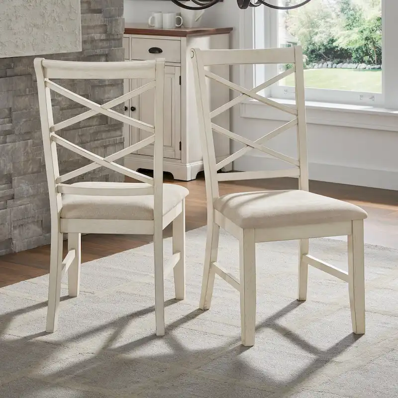 Cross Back Dining Chairs Set of 2 Sand Fabric Seat Wood Finish Legs