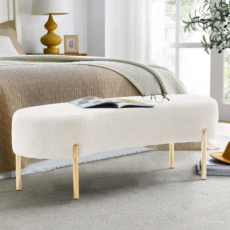 White / Grey Velvet Upholstered Ottoman Bench with Gold Metal Legs, Single Seat
