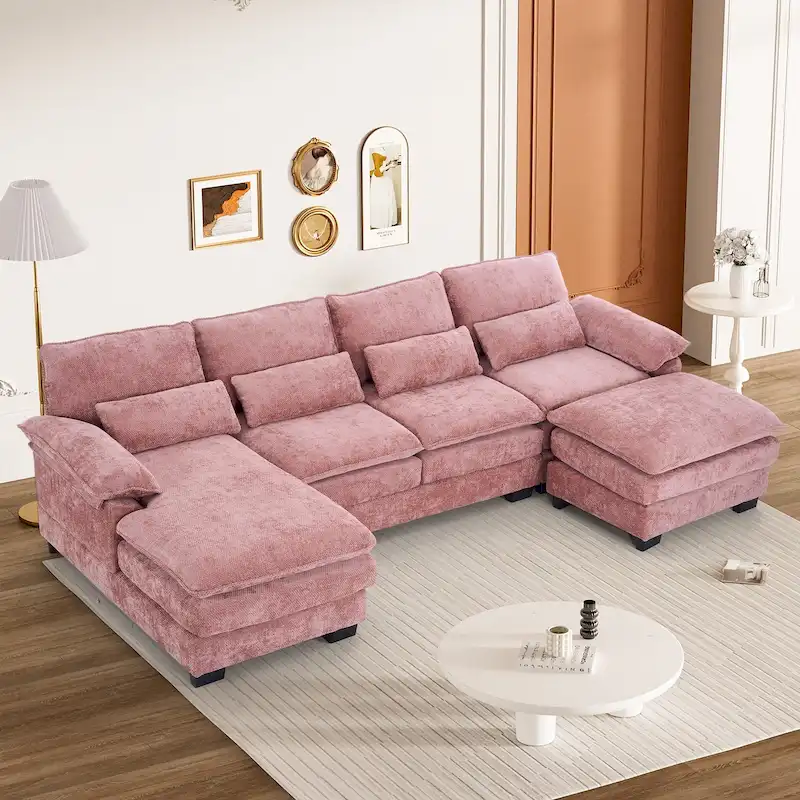 Soft Chenille Fabric U-Shaped Sectional Sofa with Double Layer Cushion