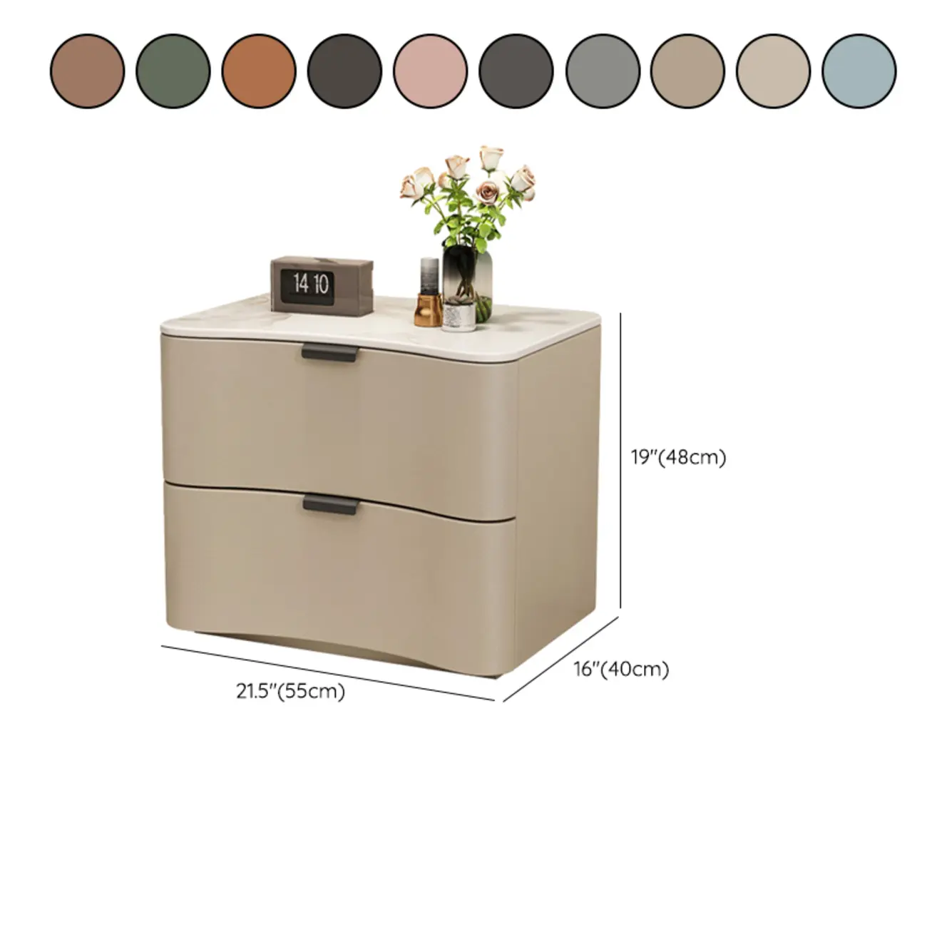 Modern Waved Stone Top Leather 2-Drawer Nightstand