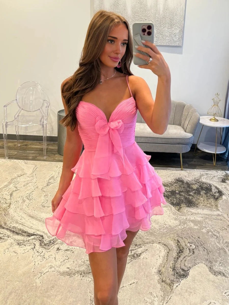 Pink - Spaghetti Straps A Line Chiffon Ruffles Homecoming Dresses With Bow