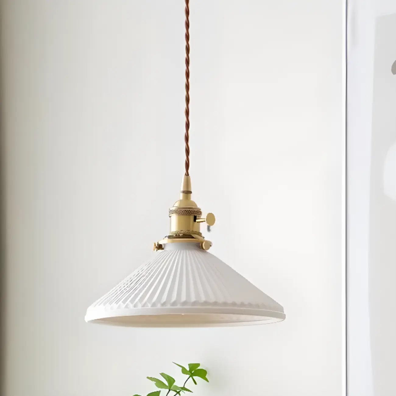 White Ceramics Pleated Cone Hanging Pendant Light