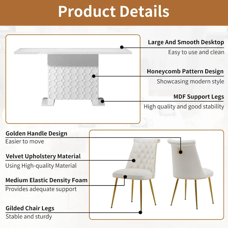 7-Piece Clihome High-gloss Extendable Table Velvet Chair Dining Set