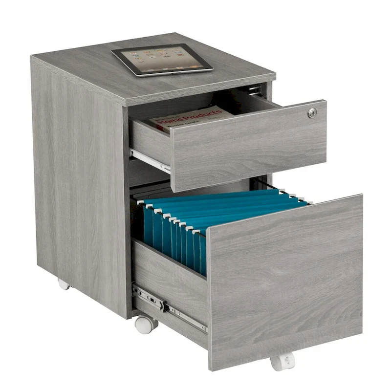 Grey Wood-Grain Rolling 2-Drawer File Cabinet with Lock, 1-Person