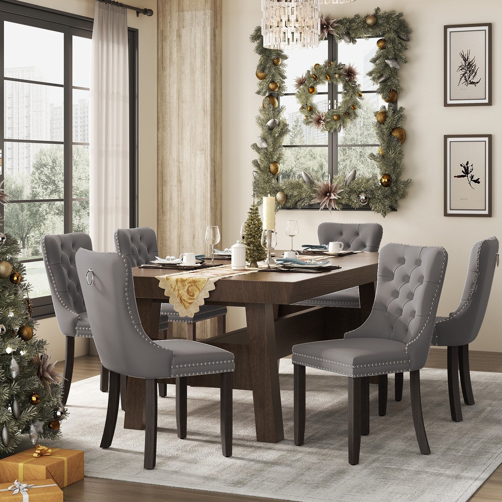 Upholstered Tufted Velvet Dining Chair with Solid Wood Legs Set of 6