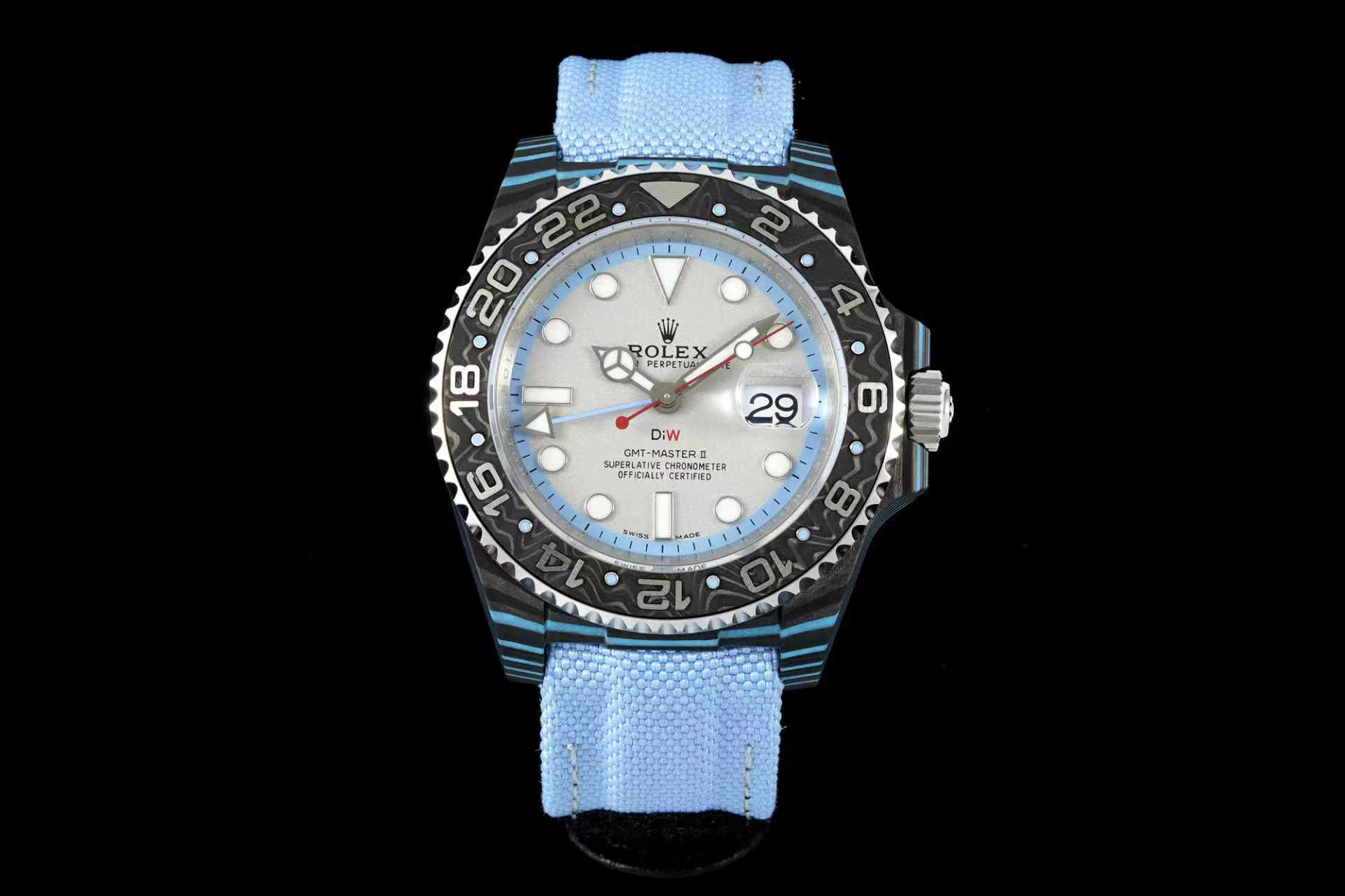 Front view of 1:1 clone GMT-Master II with silver dial and light blue strap