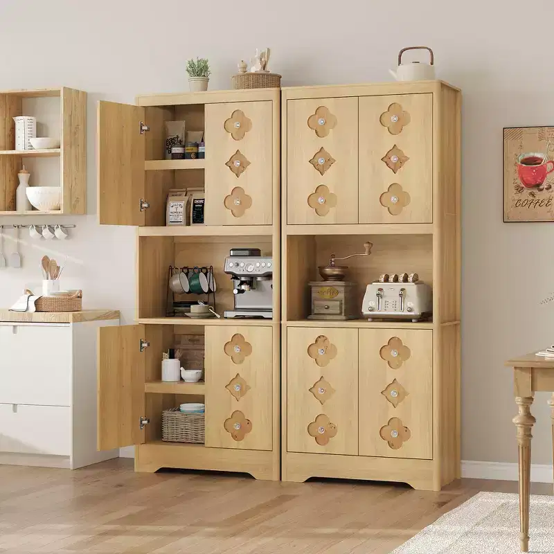 72 Tall Pantry Cabinet with Carved Door, Kitchen Storage Cabinet with Shelf for Microwave, Wooden Cupboard with Crystal Handle for Dining Room