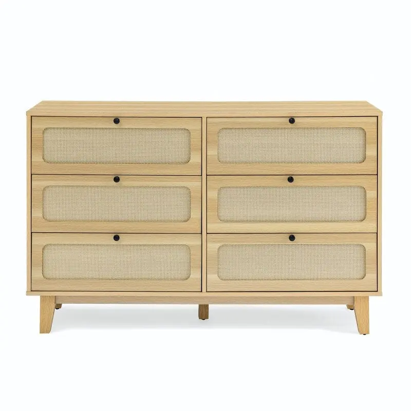 Grondin Mid-Century Modern Boho Style 6 Rattan Drawers Double Dresser with MDF Frame and Solid Wood Legs,
