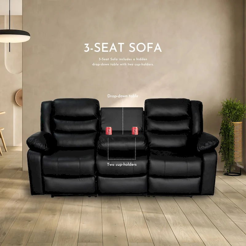 Faux Leather Manual Reclining Living Room Sofa with Dropdown Table and Console