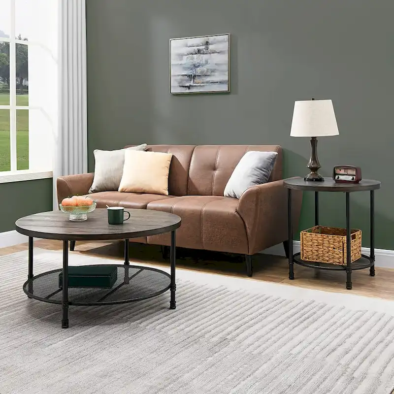 Round Industrial Coffee Table with Casters