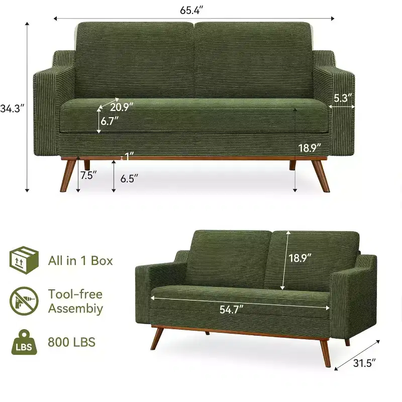 Dyonery 65.4 Sofa, comfortable sofa, living room sofa, medieval modern small sofa, with spring pads, solid wood frame, tool-free assembly