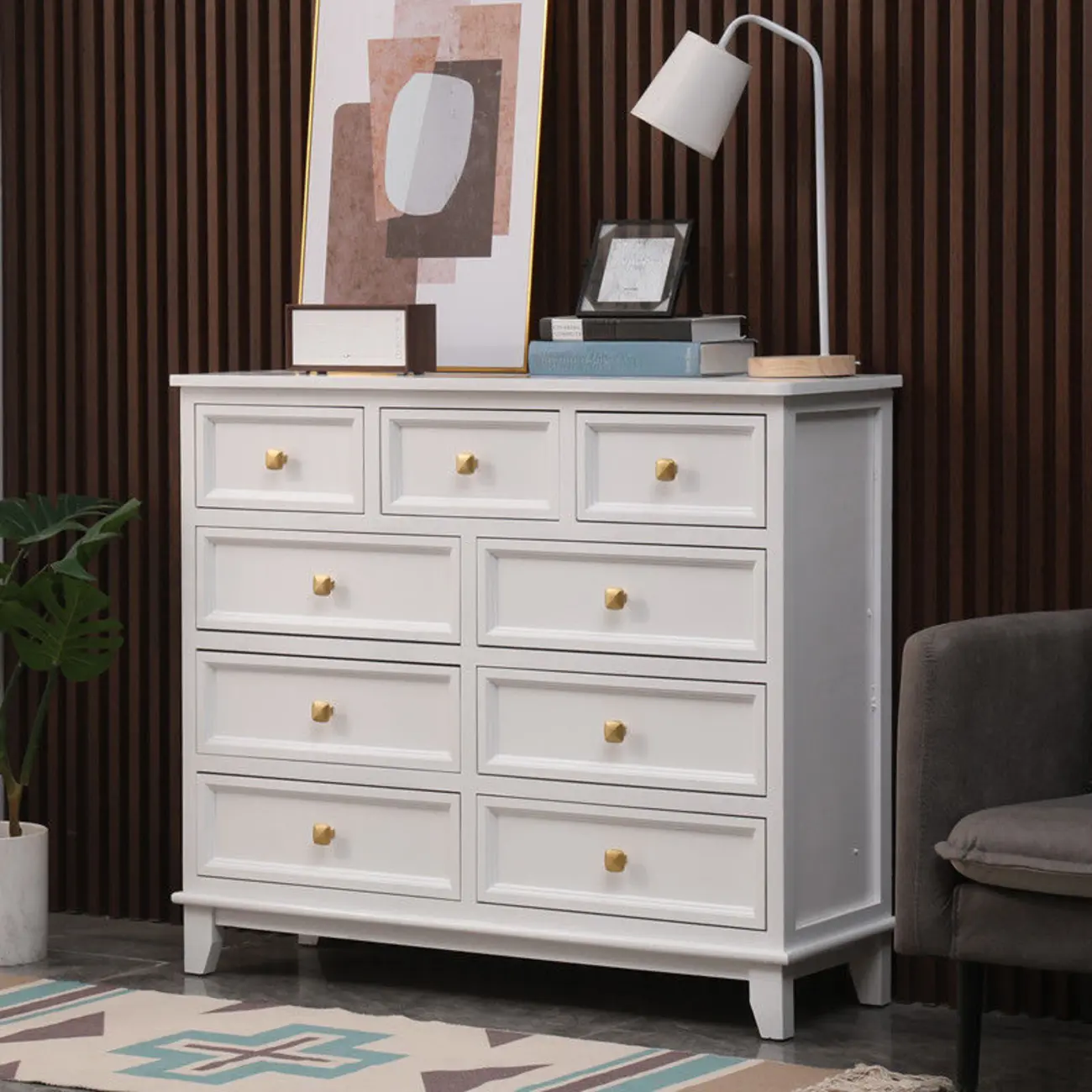 Elegant Wooden 9-Drawer White Dresser with Metal Handle