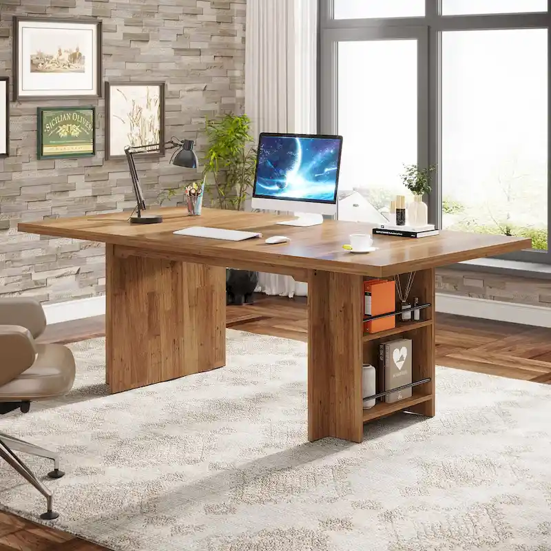 63-Inch Office Desk with Side Storage Shelves