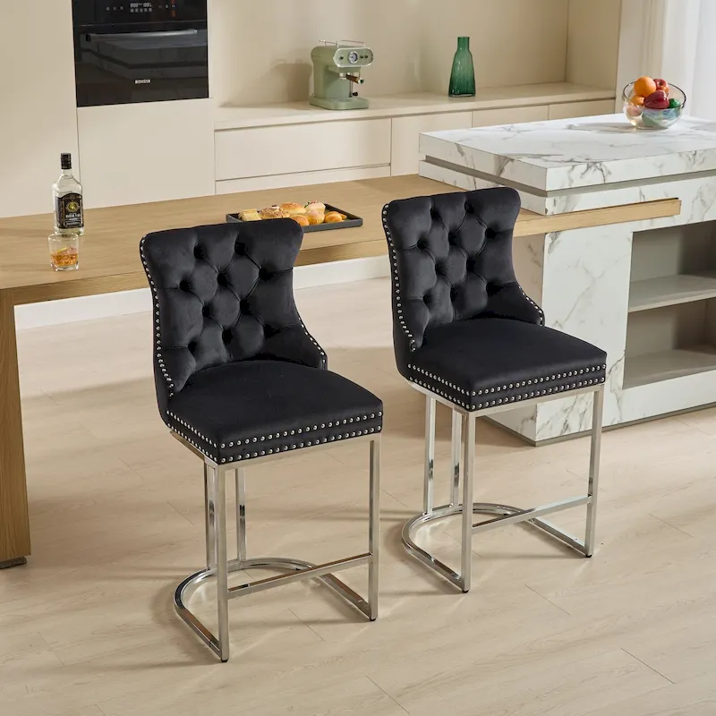 Modern 25 Bar Stools with Buttoned Back Studded Trim Chrome Metal Base Legs, for Dining Room Living Room and Bedroom