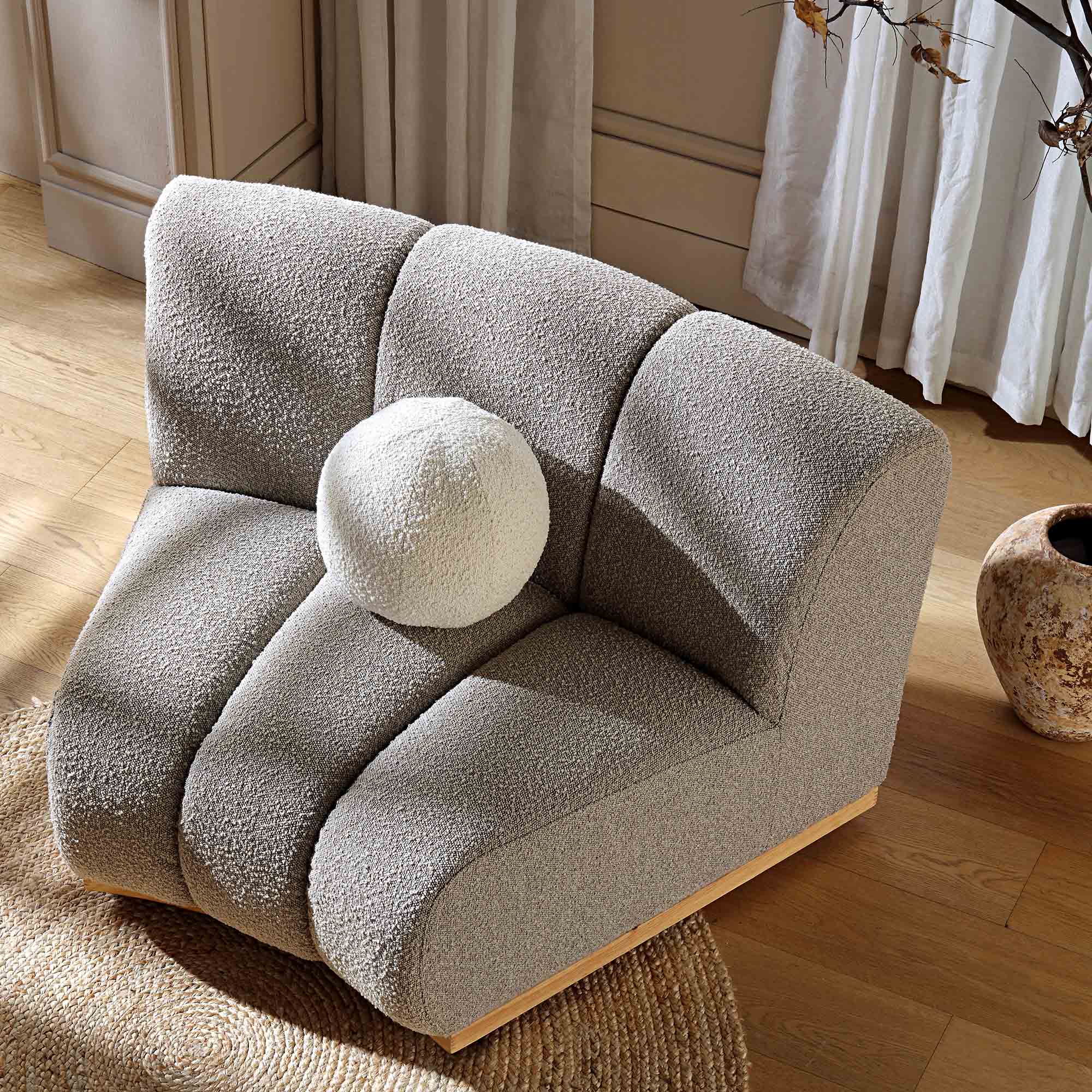 Taupe Boucle Sectional Sofa, 1-Seater Curved Sofa