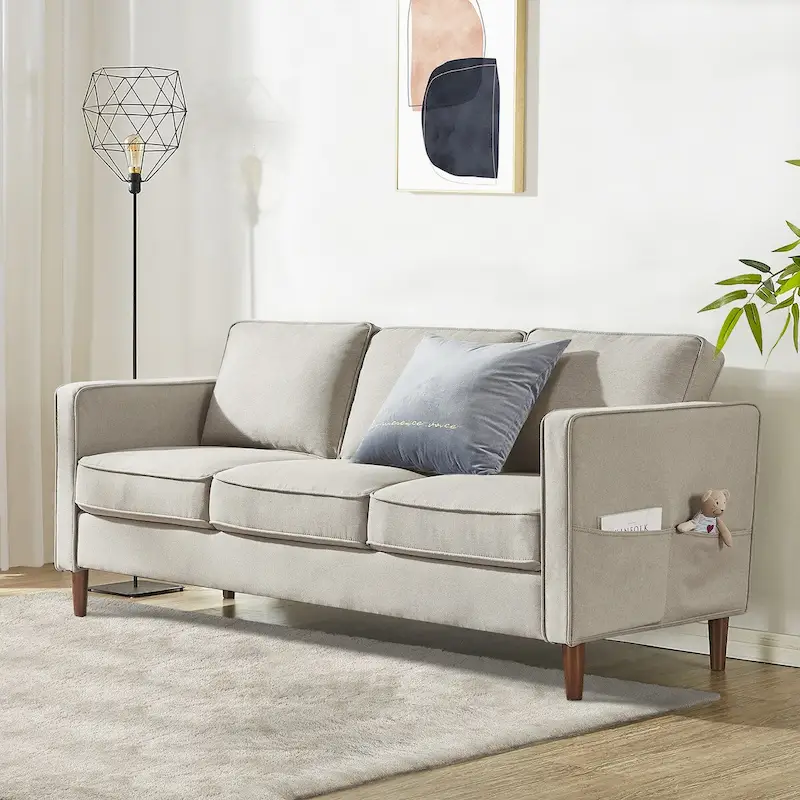Sand Grey / Dusty Blue Linen Sofa with Armrest Pockets, 3-Seater