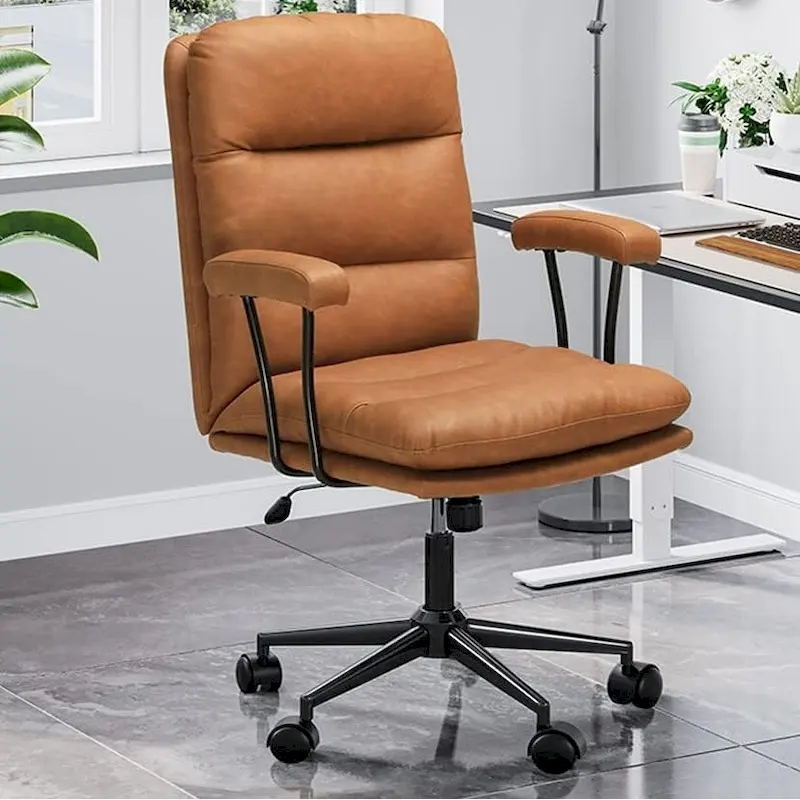 Brown Mid-Century Modern Leather Office Chair with Removable Arms & Reclining Back - Single Use