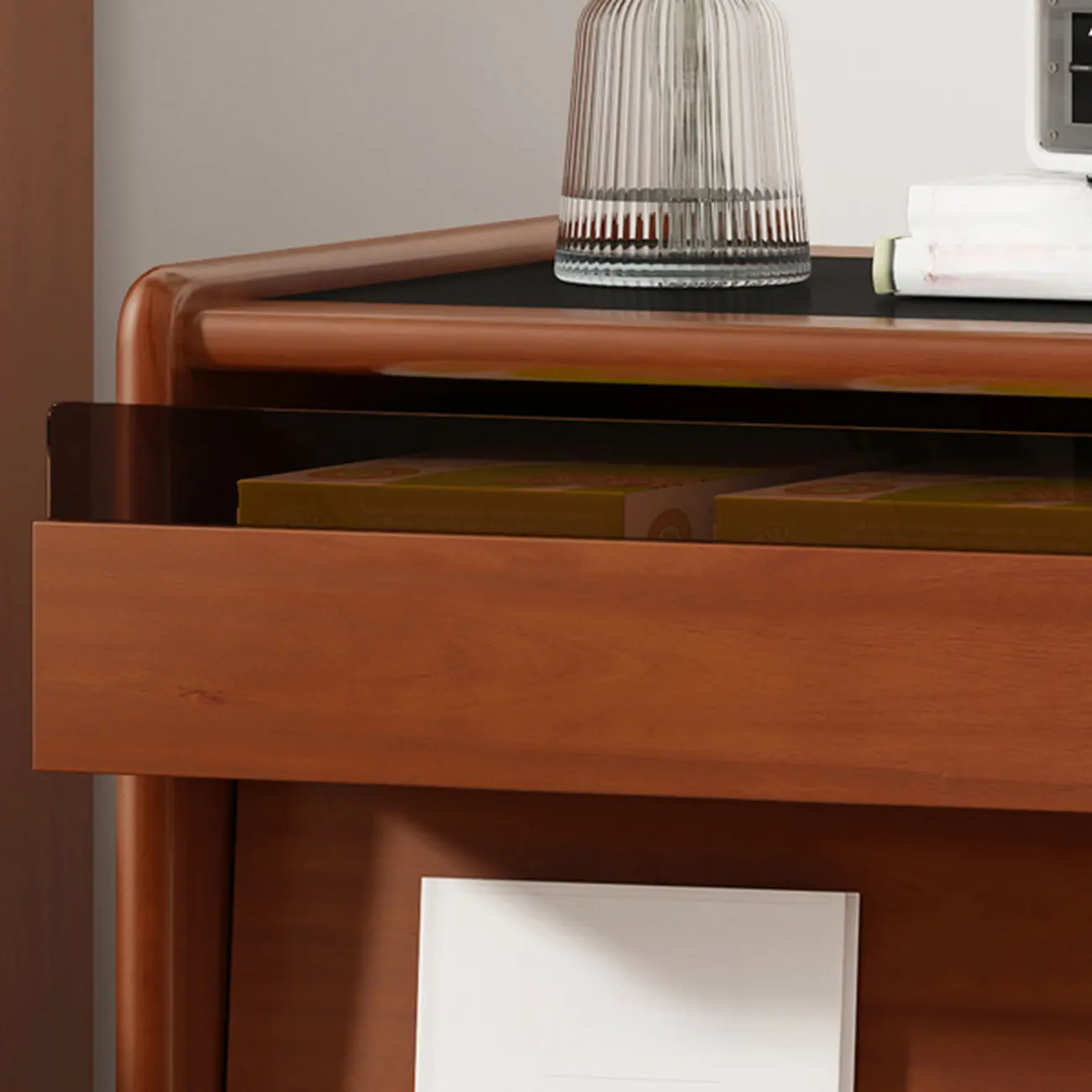 Narrow Mid-Century Modern Brown Wood Nightstand with Drawers