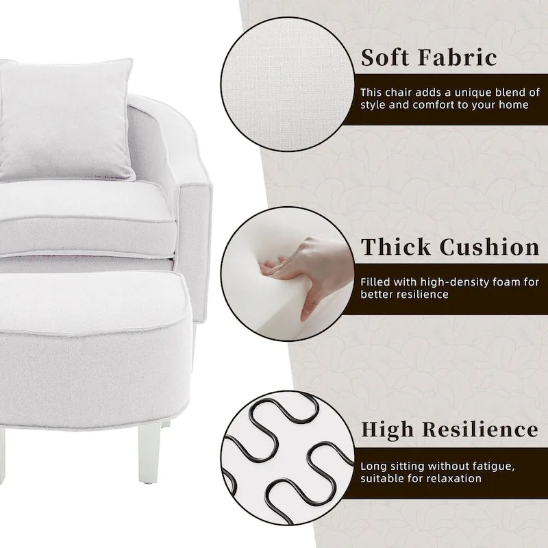 Linen/Polyester Upholstered Mid Century Barrel Chair with Ottoman