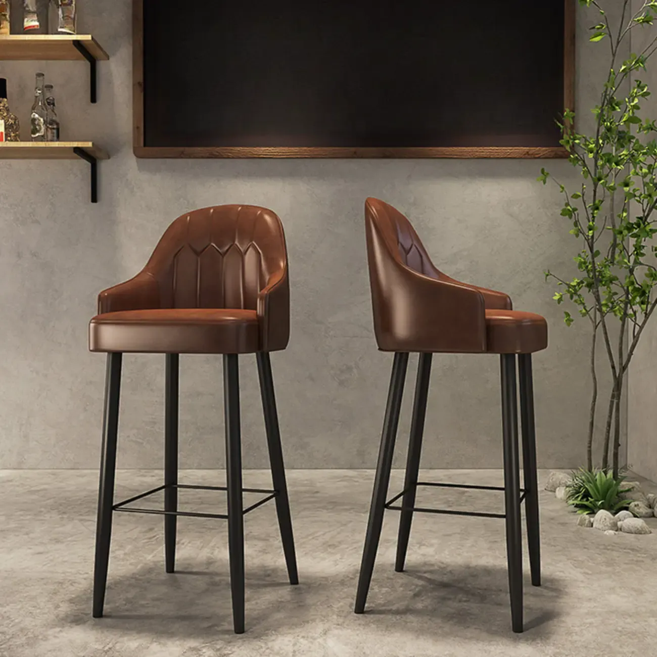 Mid-century Modern Saddle Brown Bucket Upholstered Leather Bar Stools
