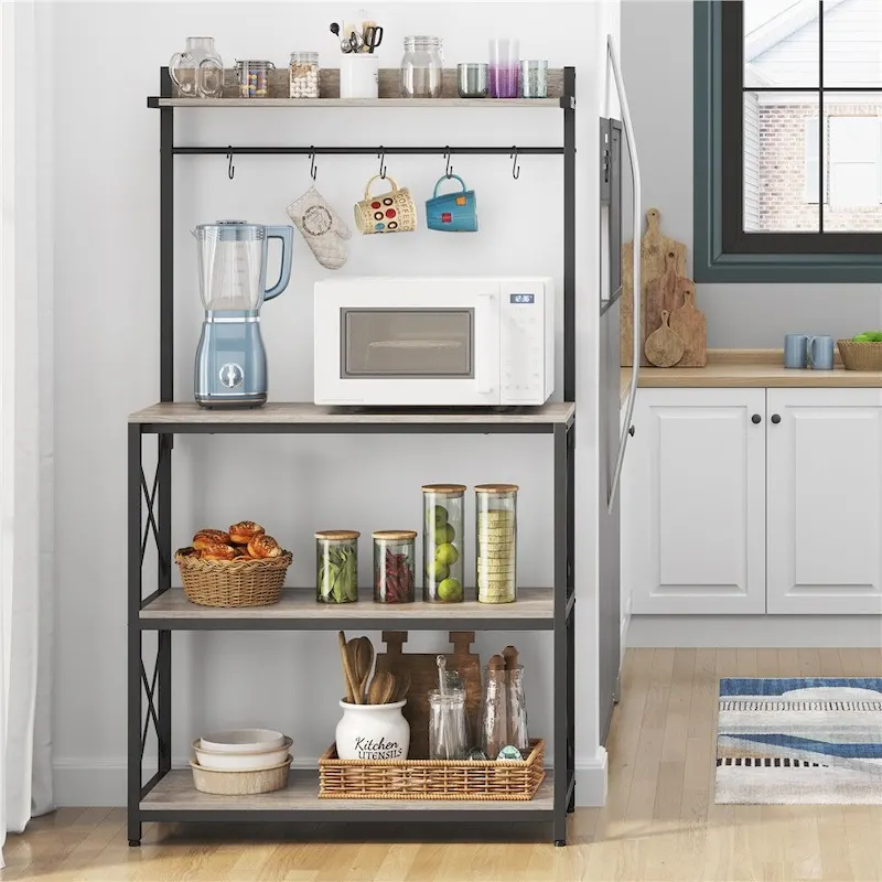 Rustic Brown / Grey Industrial 4-Tier Kitchen Baker's Rack with Hooks