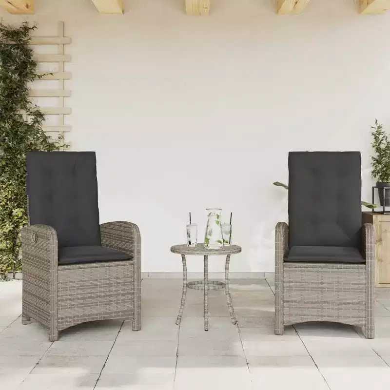 vidaXL 3-Piece Poly Rattan Bistro Set - Adjustable Reclining Chairs with Cushions & Round Table, Weather-Resistant, Gray/Navy Blue