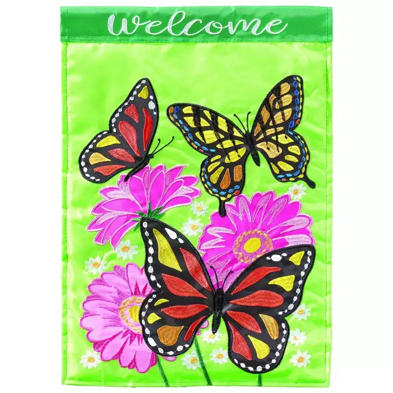 Magnolia Garden Welcome Butterflies Flowers 29 x 42 Green Polyester Outdoor Hanging Flag