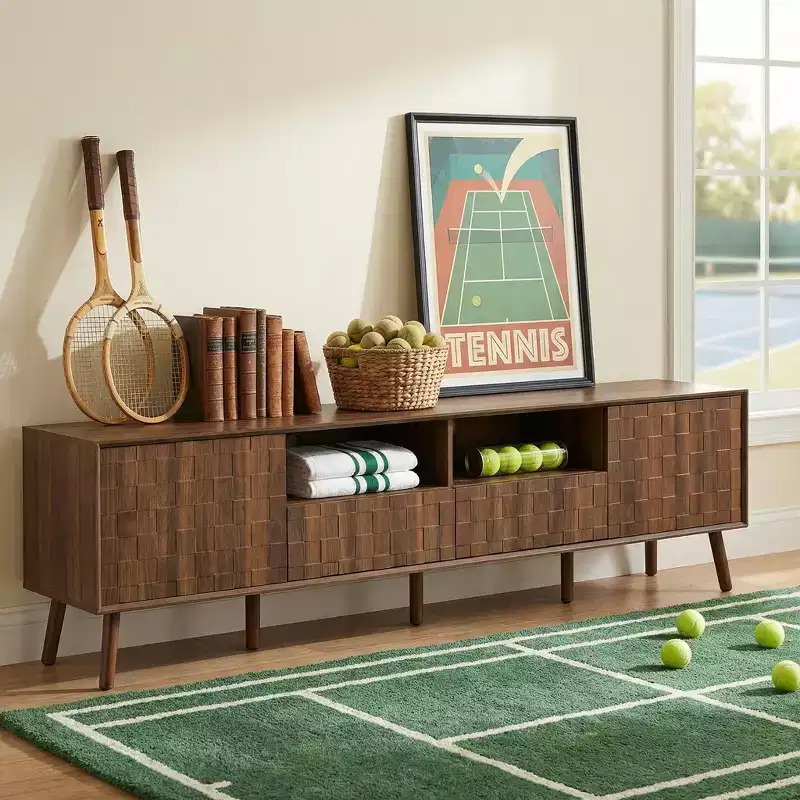JVNOXK 78inch Modern TV Stand for TVs up to 85 inches for Living Room, Entertainment Center with Solid Wood Legs, Drawers and Cable Management