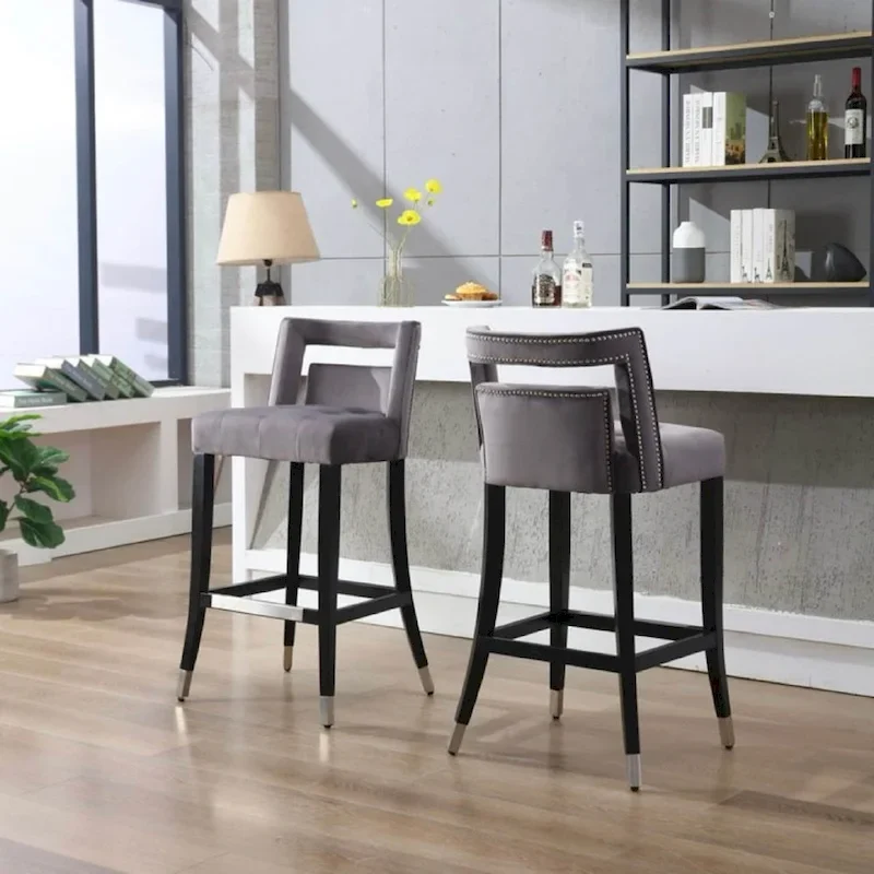 Cream / Grey / Navy Blue Velvet Nailhead Barstool – American Style, Seats 1