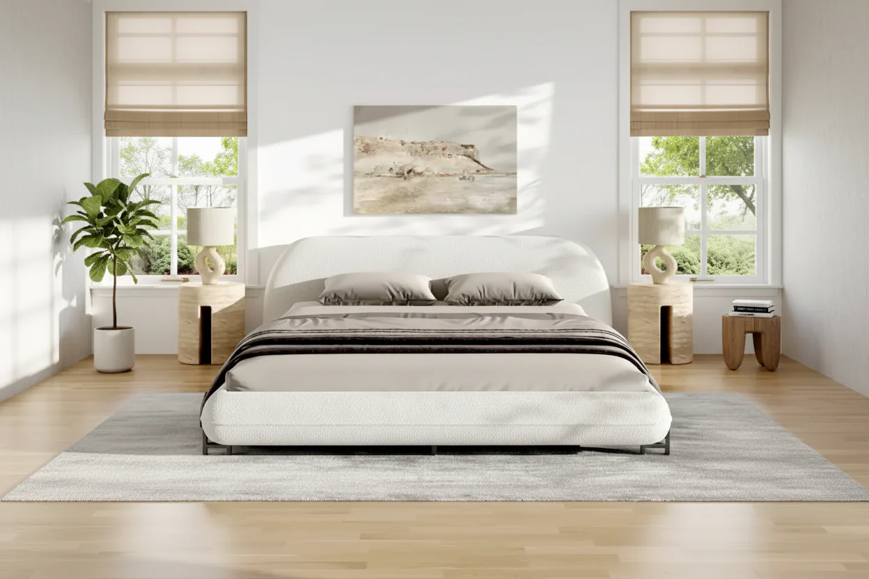 White Boucle Upholstered Bed Frame, Queen, 2-Person