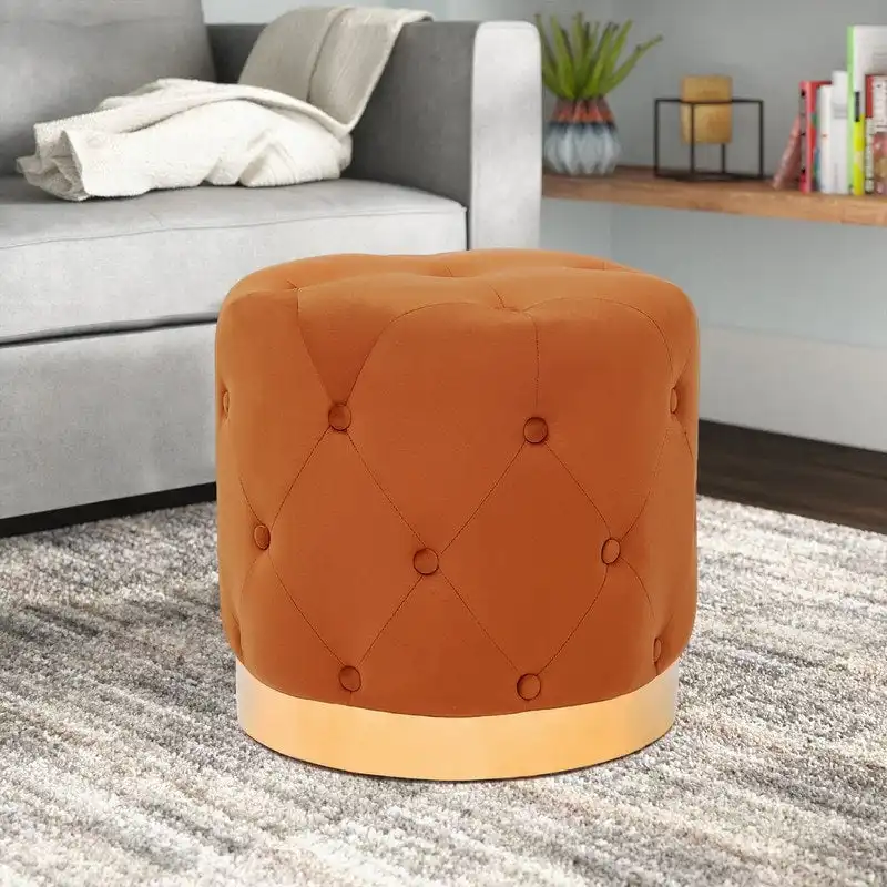 Adeco Round Velvet Ottoman Vanity Footrest Stool Gold Plating Base