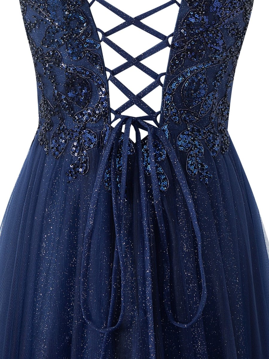 Navy Blue A-line Floor Length Glitter Tulle Prom Dress