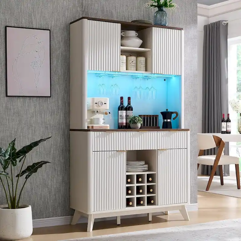72 Wine Bar Cabinet, Modern Wood Coffee Bar Cabinet with LED Lights - N/A