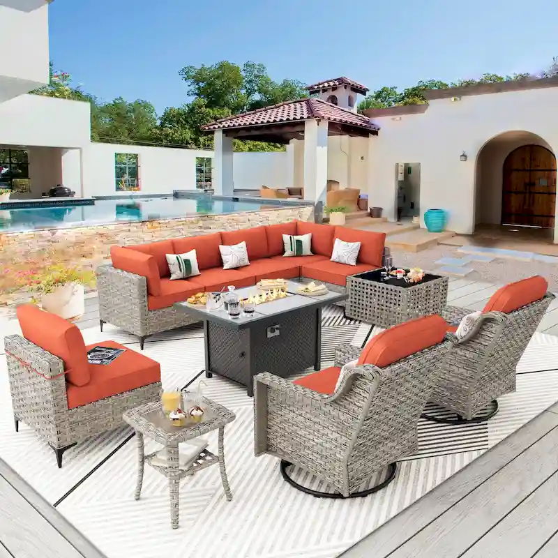 XIZZI 11-piece Patio Rattan Wicker Furniture Set with Fire Pit Table