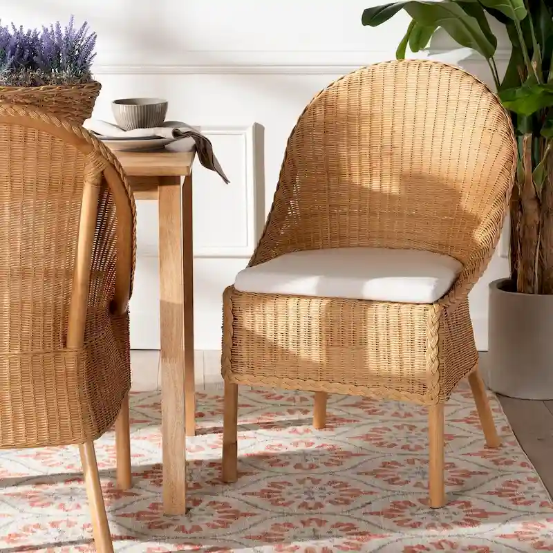 Bohemian Rattan Dining Chair - Handcrafted Natural Wicker, Wingback Design, Light Honey, Removable Cushion