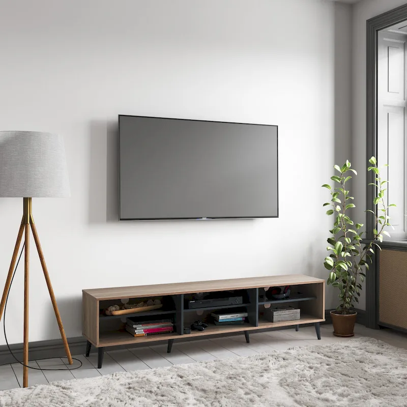 Brown/Grey & Grey TV Bench with Open Shelves, Fits TVs up to 85