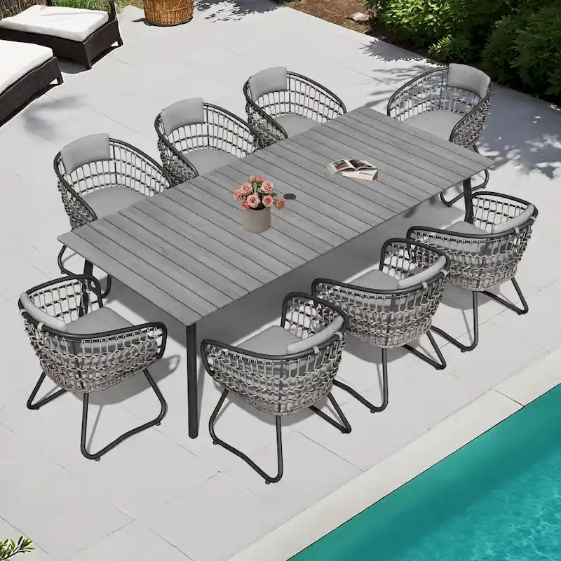 Outdoor 9PC- Patio Rectangular Aluminum Dining Table Set with Umbrella Hole with Rattan Chair