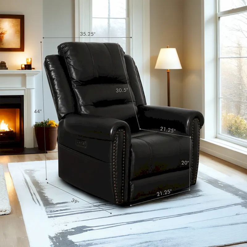 Genuine Leather Black Power Recliner Sofa, Loveseat, Recliner With Adjustable Headrest and Extendable Footrest