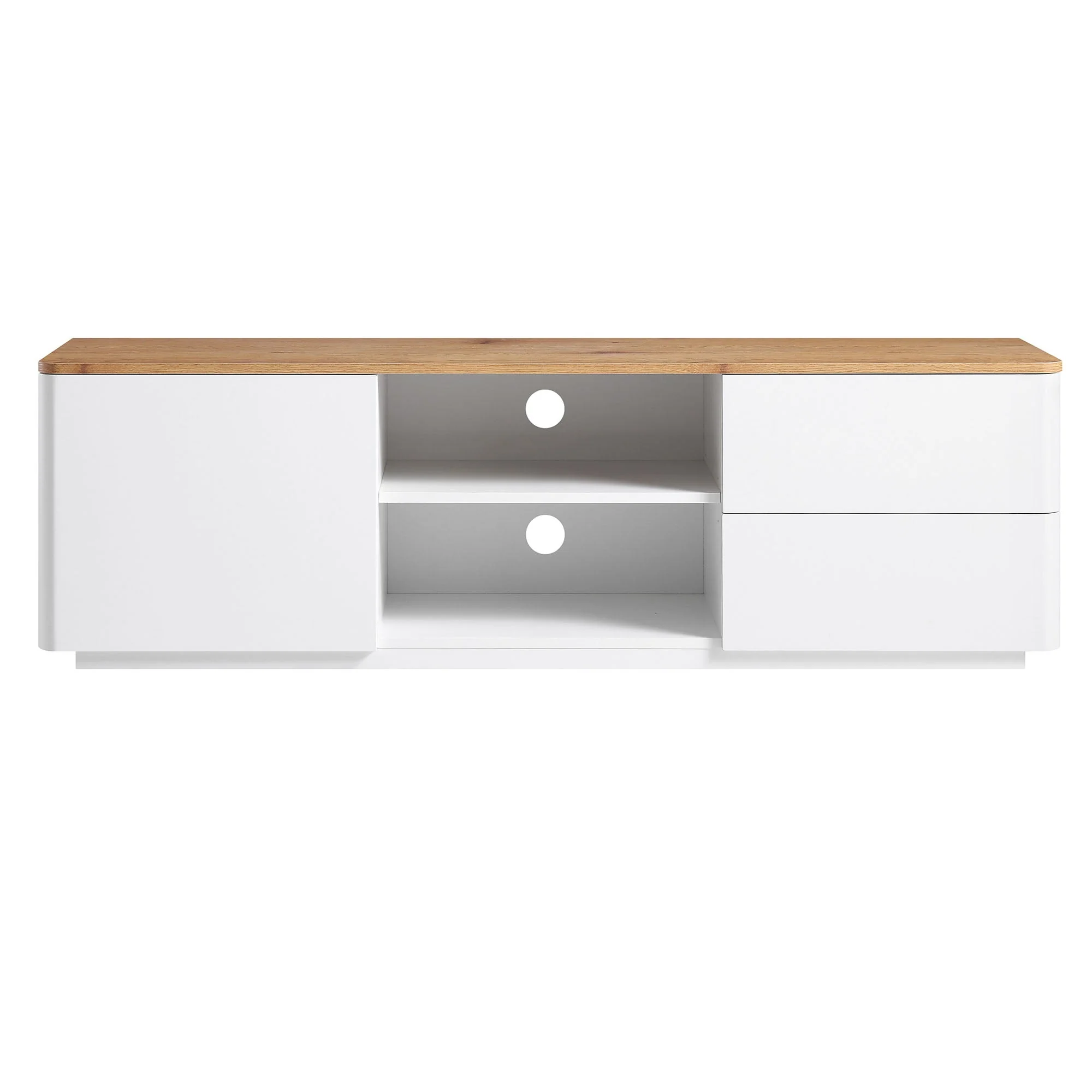 Curved Edge 59in. Wide TV Unit, Off White with Oak Top