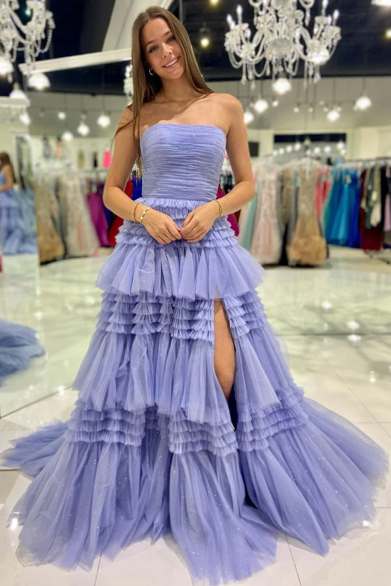 A-Line Strapless Tulle Long Prom Dress with Tiered Ruffles