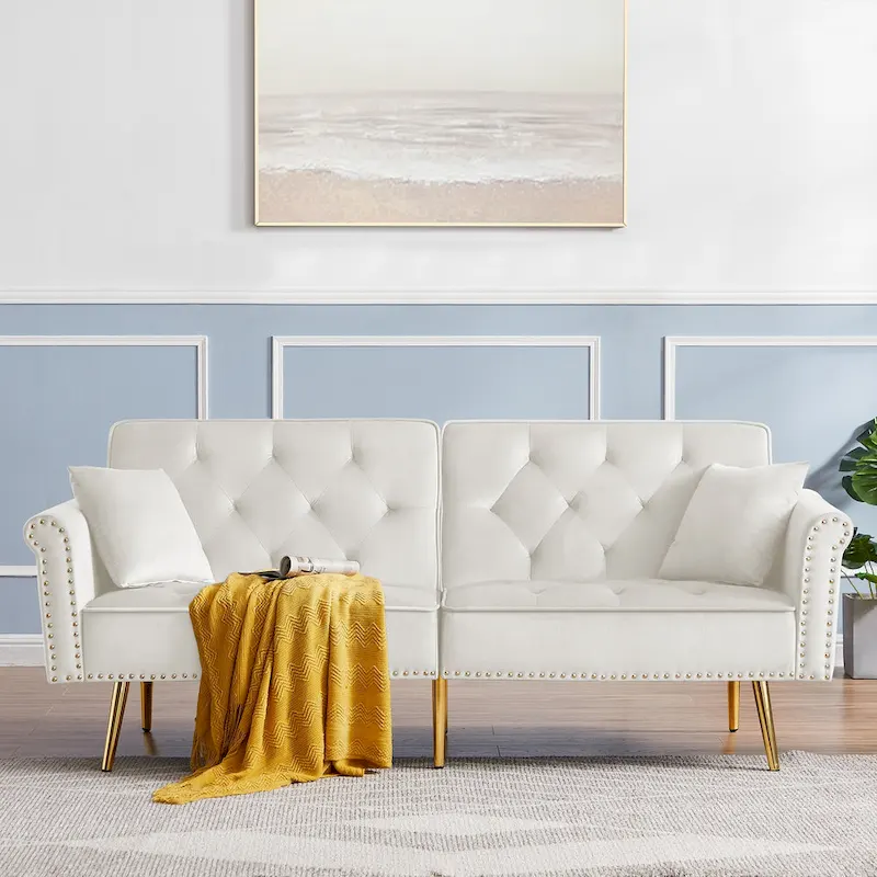 Velvet Tufted Sofa Couch with 2 Pillows and Nailhead Trim