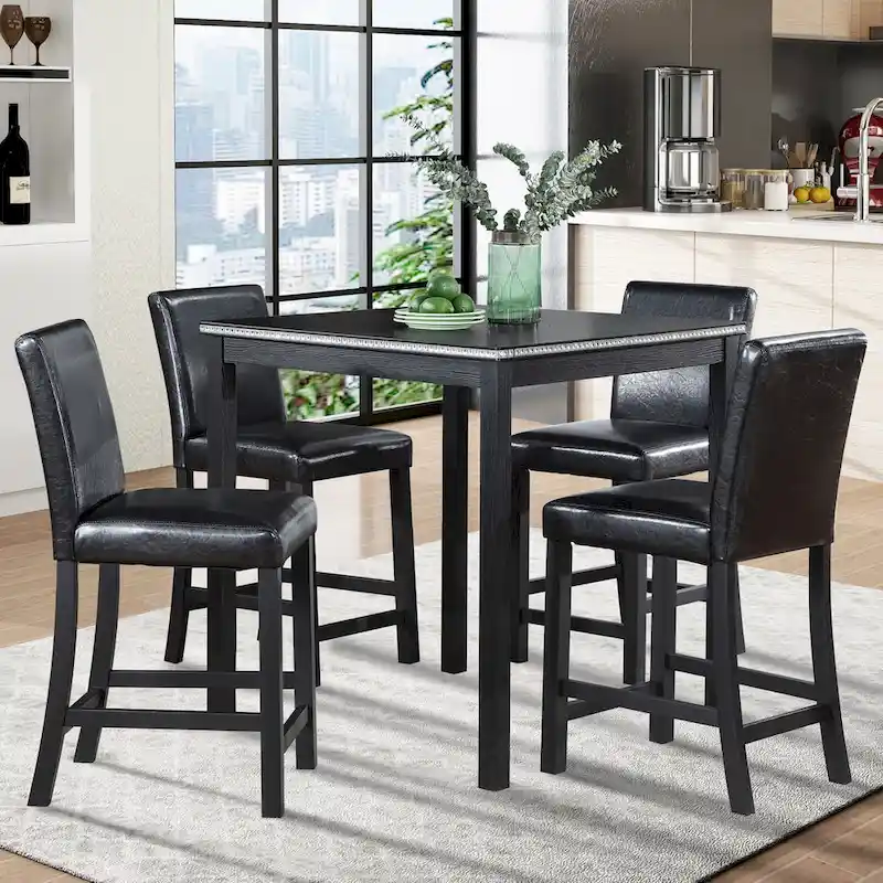 Black / Beige Counter Height Dining Table Set, Square, 5-Piece (Seats 4)