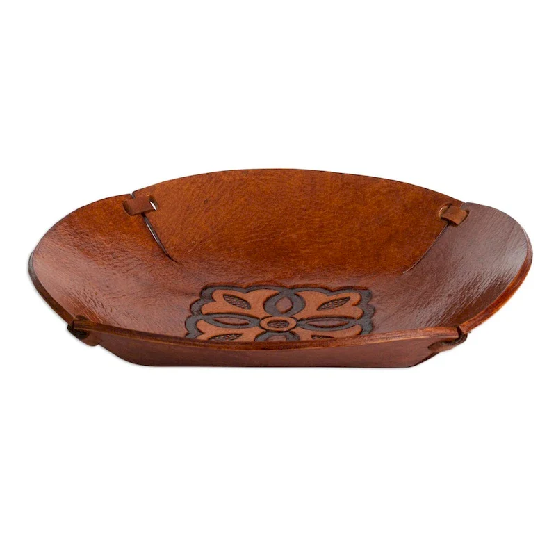 Novica Handmade Colonial Florals Tooled Leather Catchall