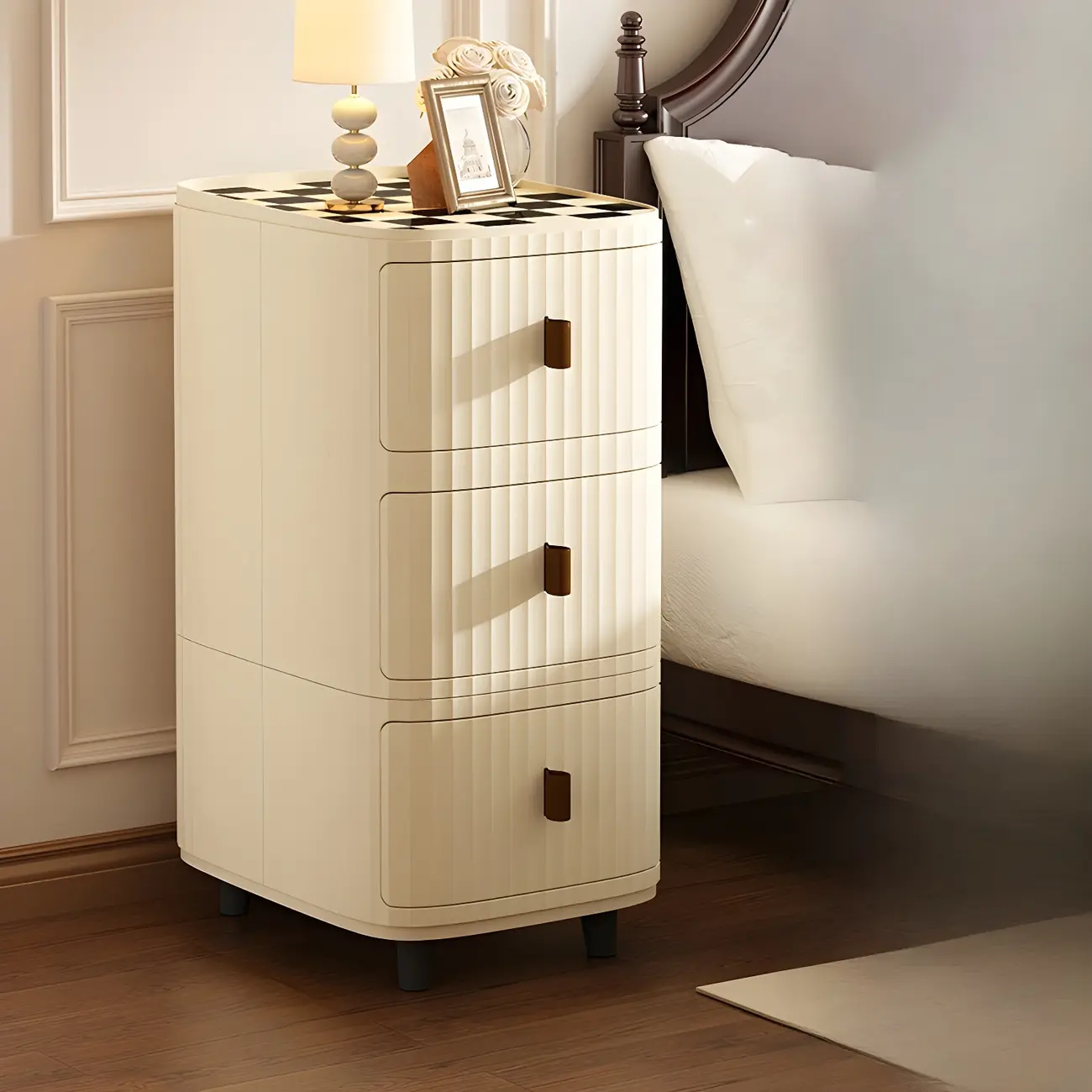 Modern Black And White Grid Top Nightstands with Drawers