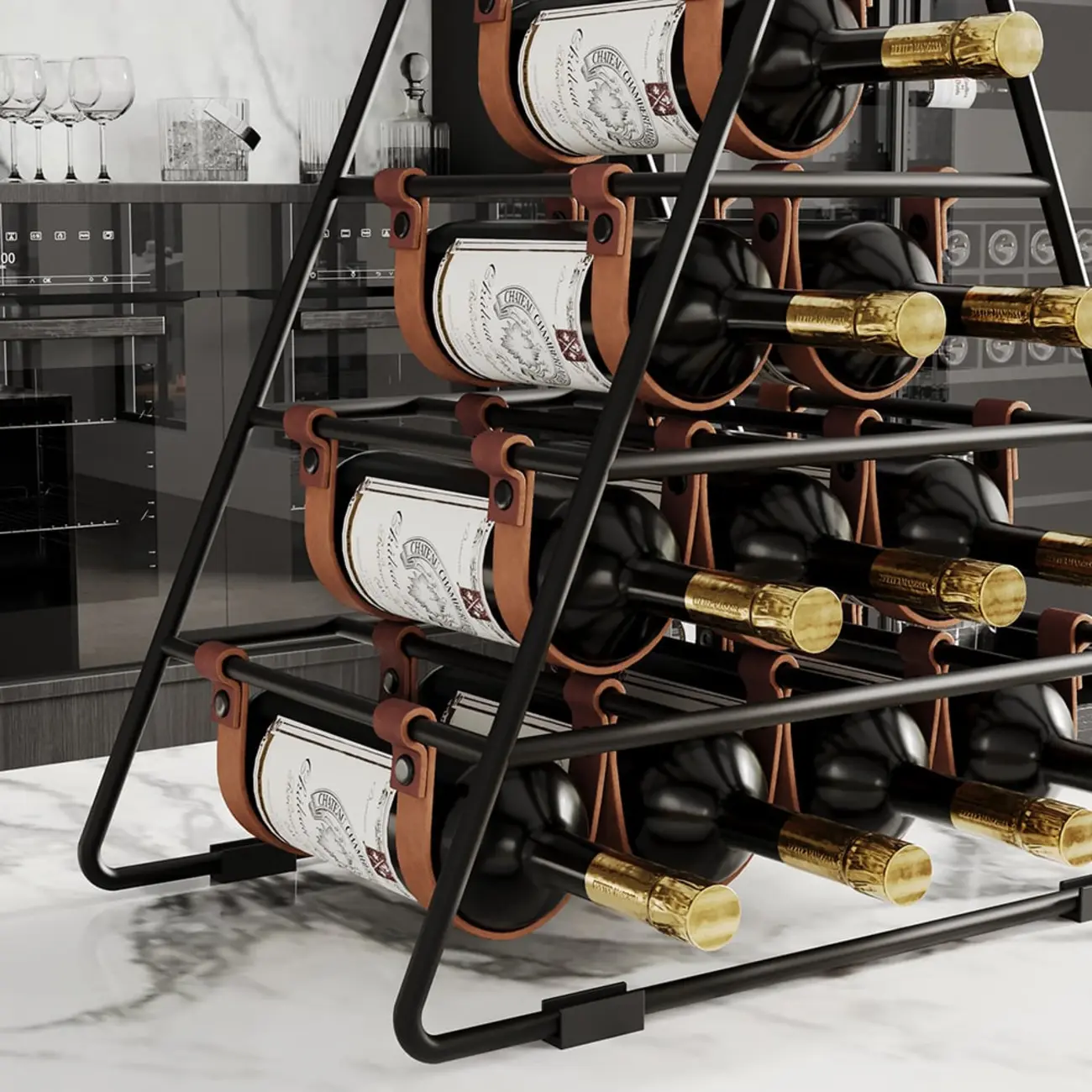 Industrial Black Metal Countertop Triangle 10 Bottles Wine Rack Holder